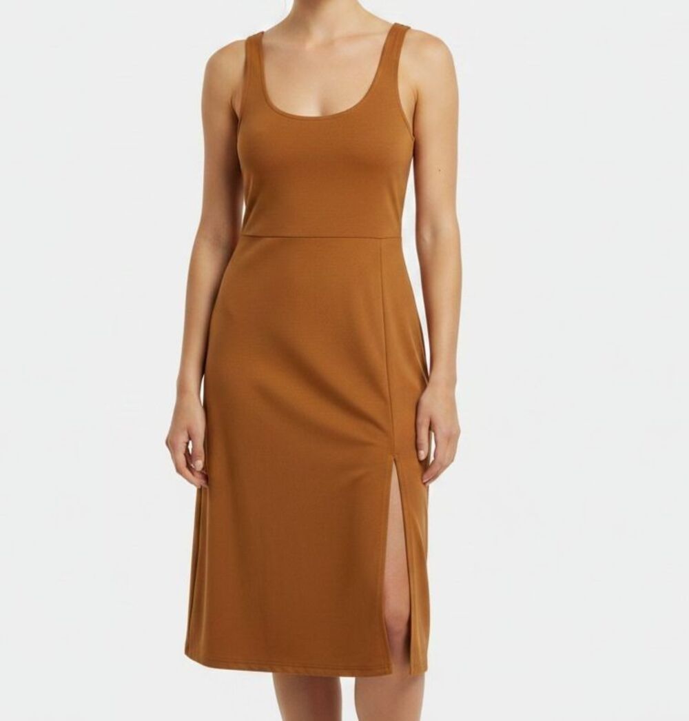 Leith NEW Bodycon Midi Dress Women Small Scoop Neck Sleeveless Tank Pumpkin Slit